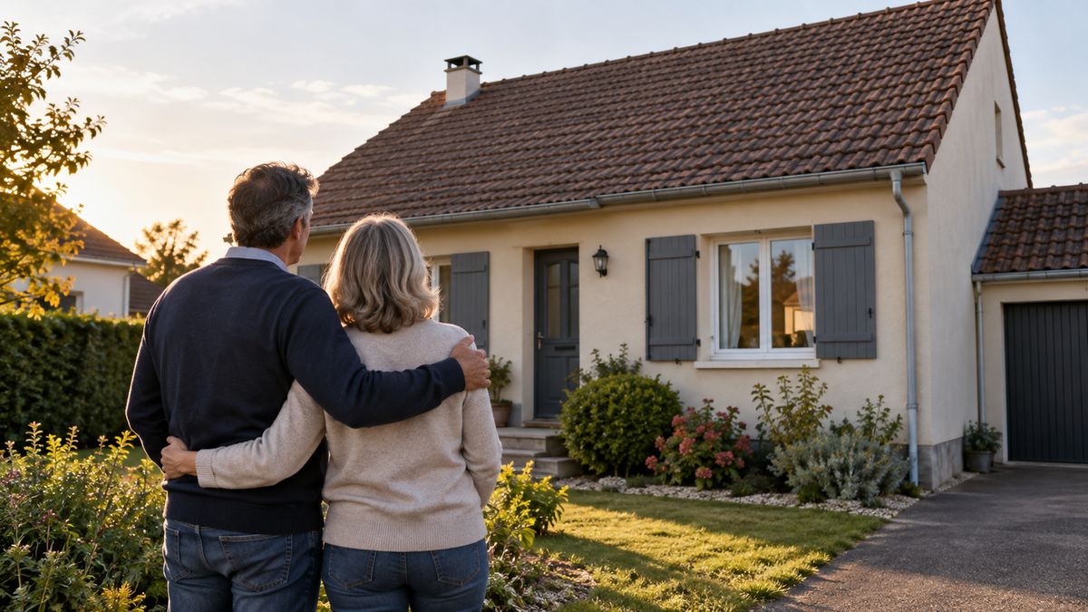 Couple propriétaire devant sa maison, garantie d'un rachat de crédits hypothécaire