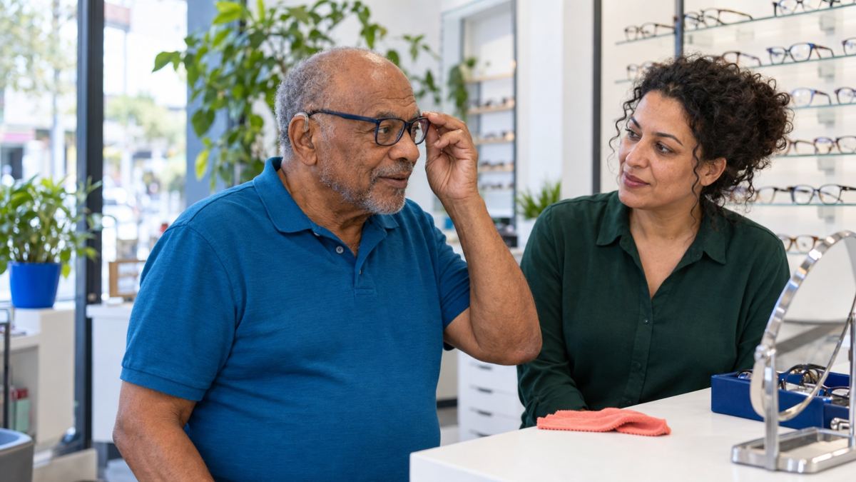 Homme âgé essayant des lunettes chez un opticien