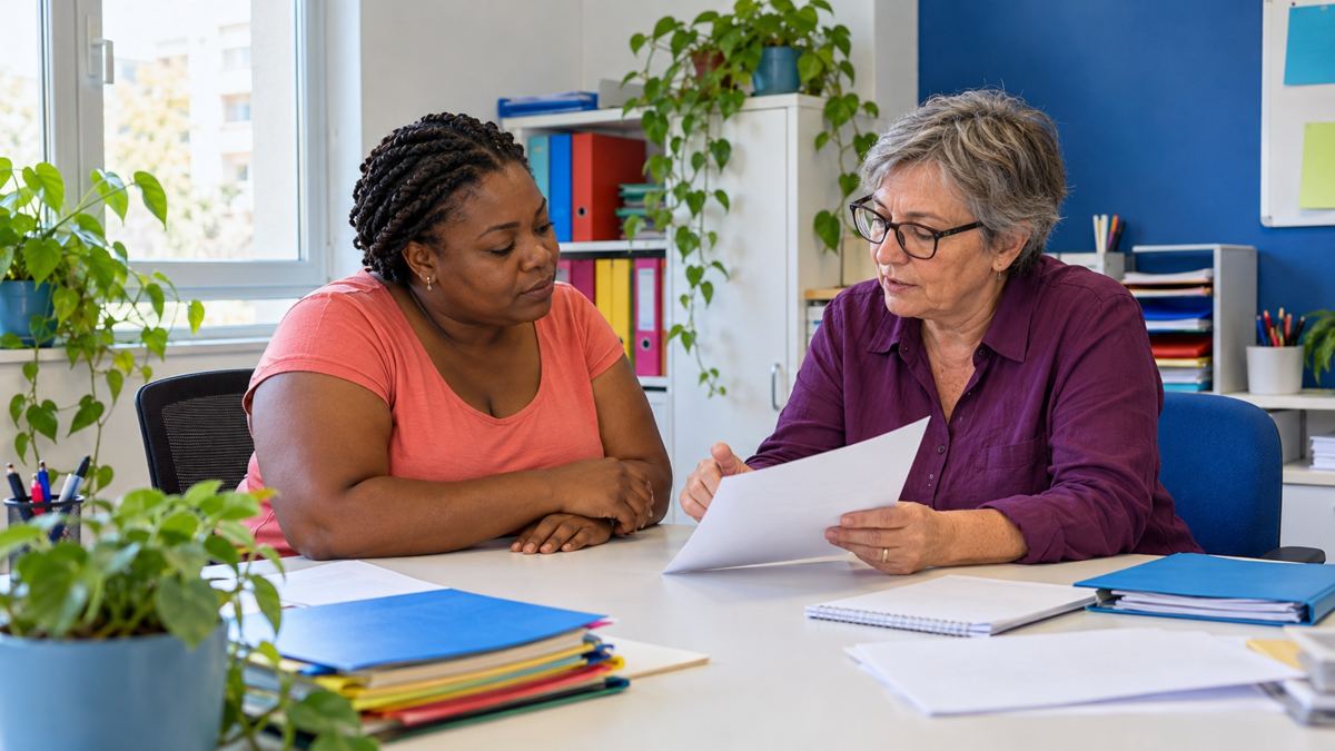 Femme accompagnée par une conseillère dans un bureau d'association