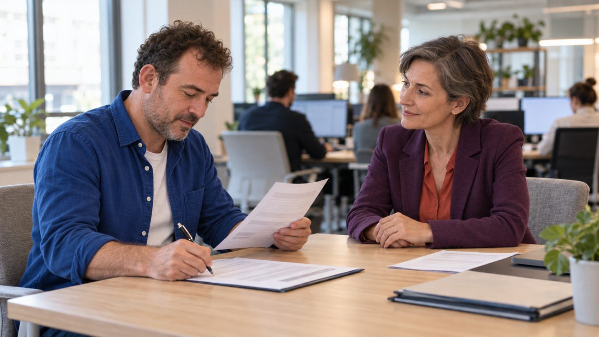 Salarié signant un document avec une responsable RH au bureau