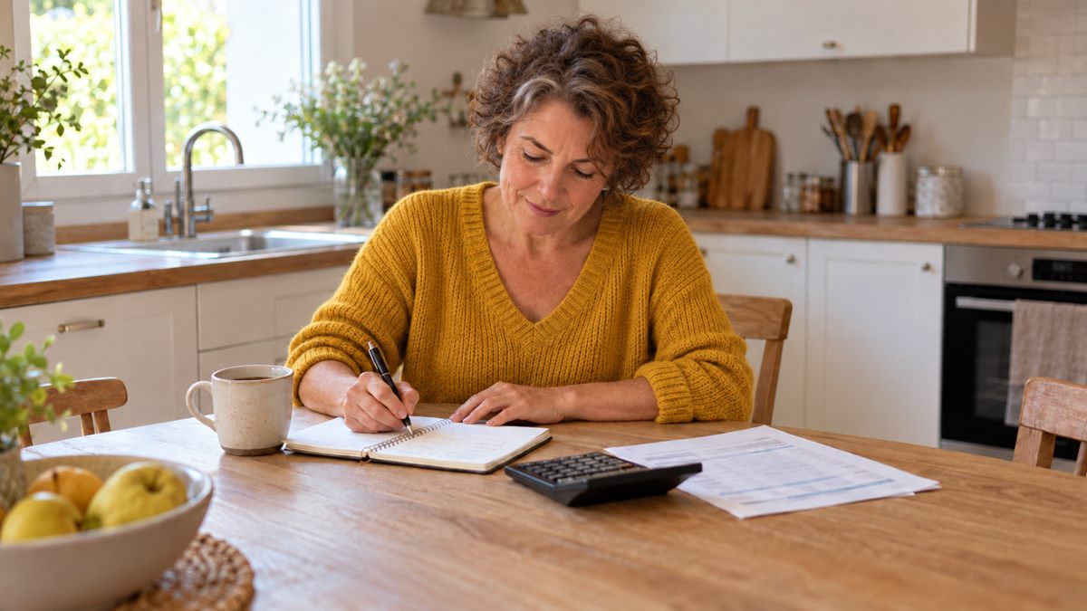 Femme faisant ses comptes à la table de cuisine avec une calculatrice et un relevé