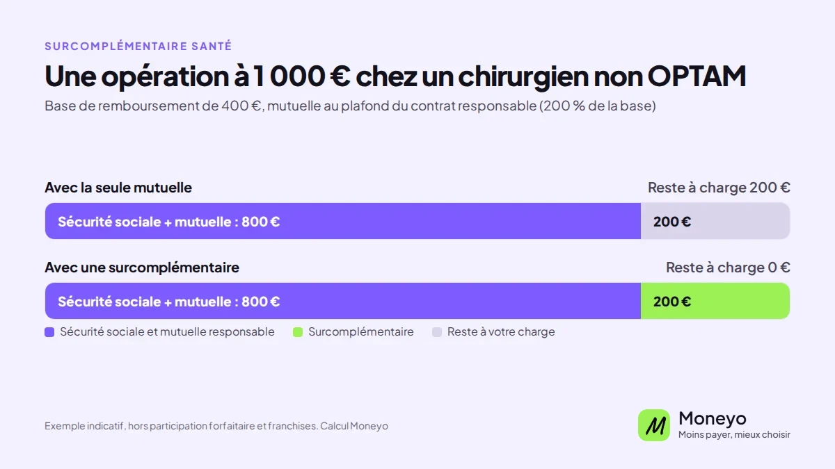 Opération à 1 000 € chez un chirurgien non OPTAM : la Sécurité sociale et la mutuelle remboursent 800 €, la surcomplémentaire prend en charge les 200 € restants