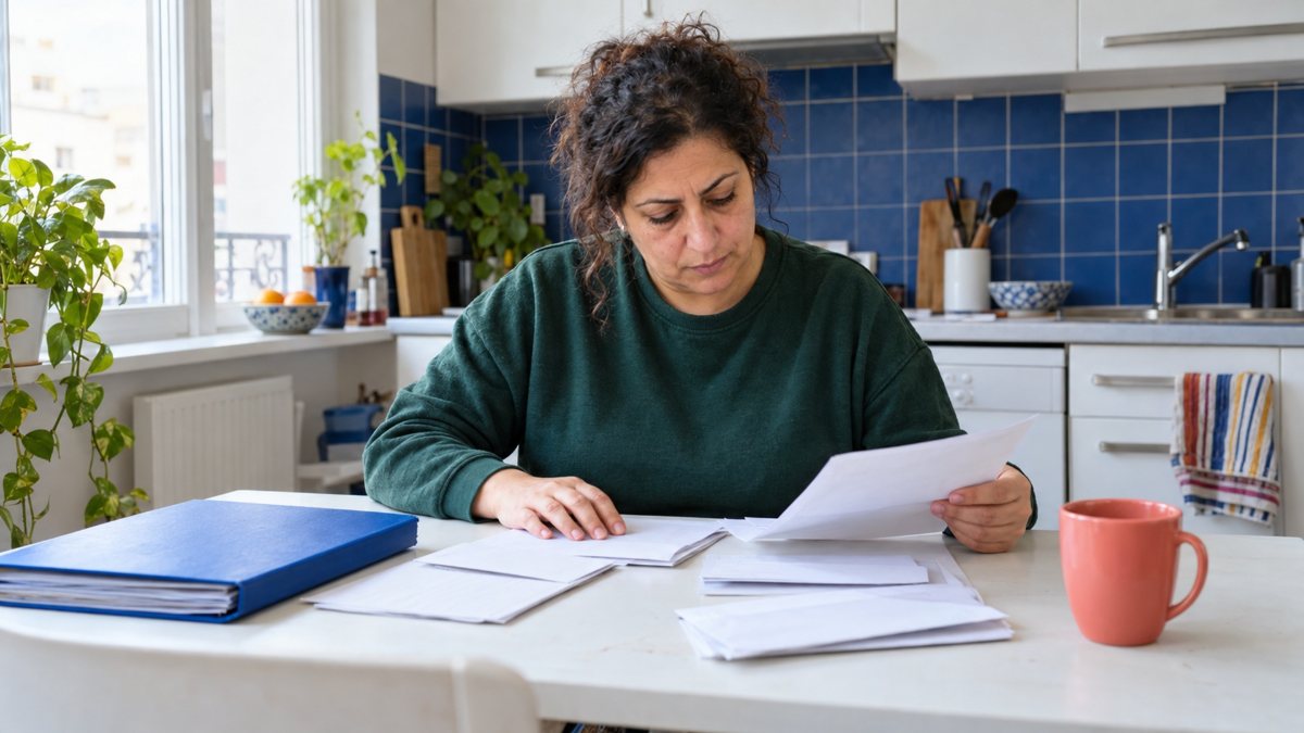 Femme triant des courriers et factures à la table de sa cuisine