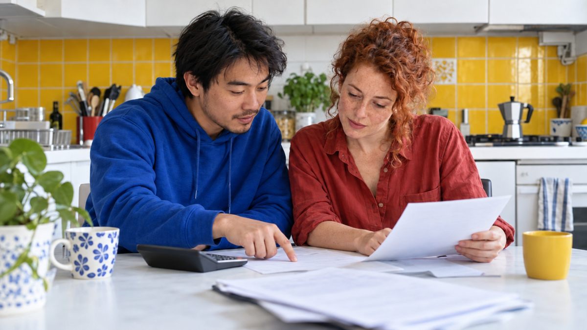 Couple calculant son taux d'endettement avec une calculatrice dans la cuisine